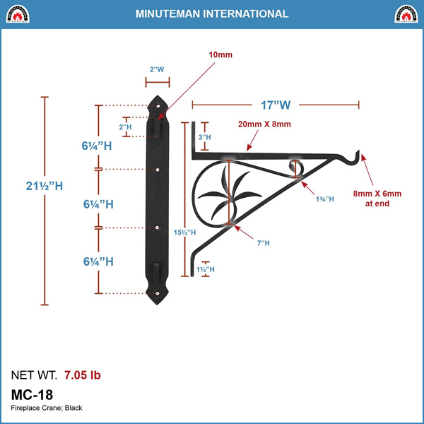 Minuteman MC-18 18 Inch Swivel Arm Fireplace Crane